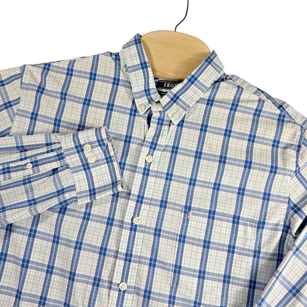 IZOD Button Down Shirt Mens Large Blue White Plaid Long Sleeve Cotton Casual